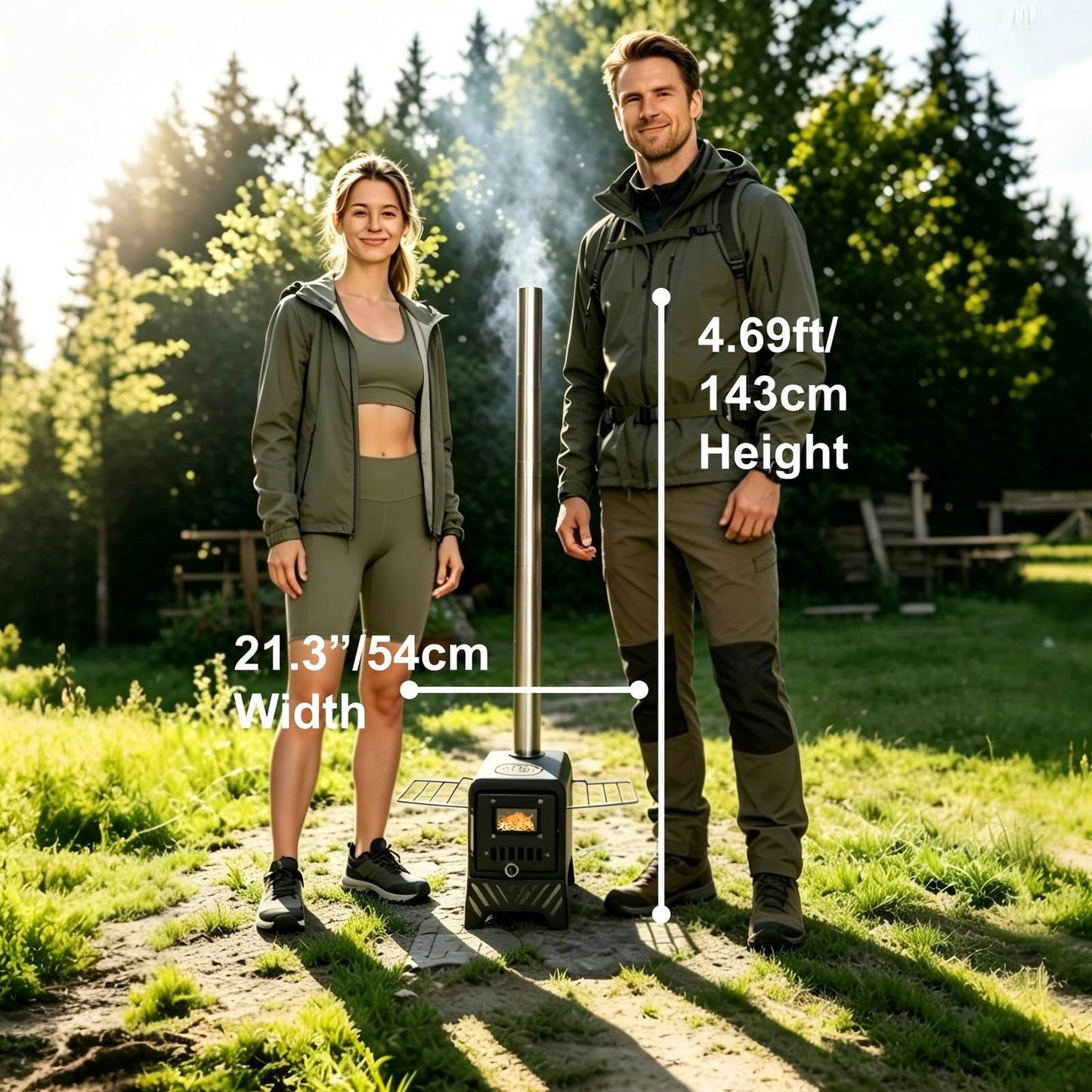 steladomus 4.66ft Mini Wood Burning Stove Kit with Fire Mat, Hook, Window and Chimney, Portable Camping Stove Compact into Car Trunk and Carriable with Side Racks for RV Trip and Outdoor Gatherings