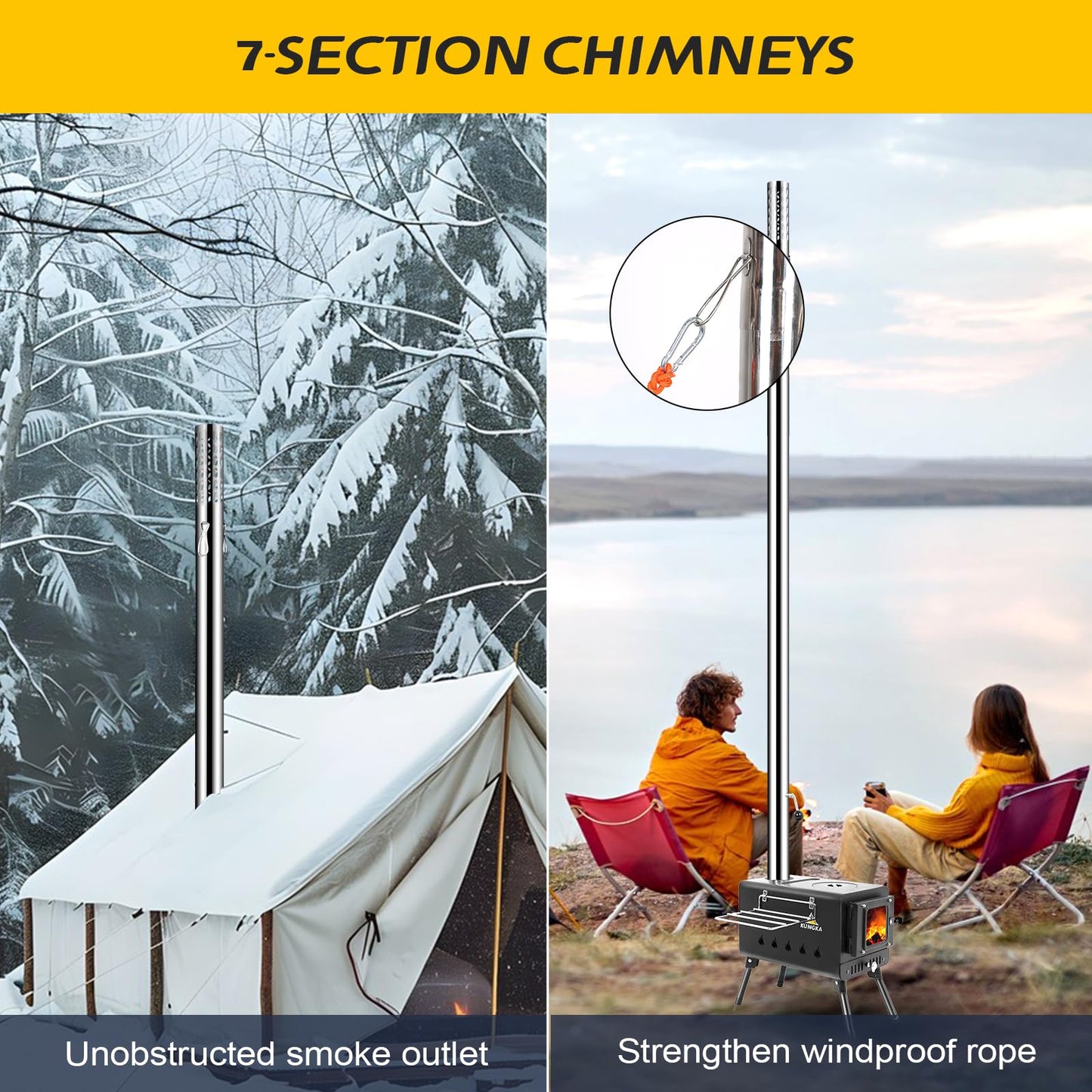 Black Wood Burning Tent Stove, 7 Section & 6 ft height Stainless Steel Chimney with diameter 2.24", Kungka Portable Hot Tent Stove for Heating & Cooking, Camping, Hunting, Ice Fishing