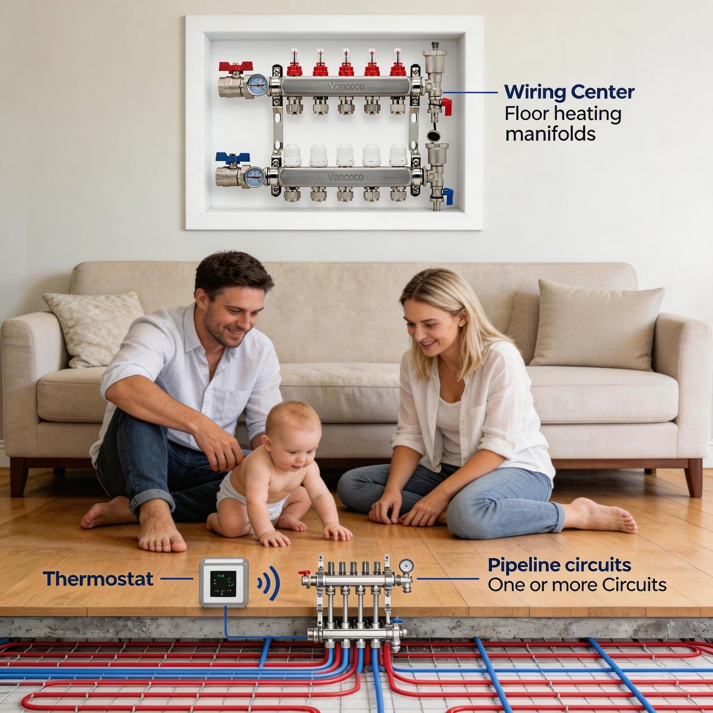 ‌VANCOCO 5 Loop Radiant Floor Heating Manifold, Stainless Steel Infloor Radiant Heat Manifold for Hydronic Radiant Floor Heating with1/2" Adapters
