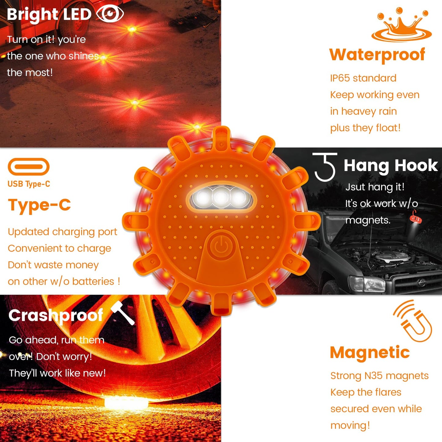 Ecoangel USB-C Rechargeable LED Road Flares Emergency Lights-Large Capacity (Lithium Battery) 3 in 1 Cable Roadside Warning Car Safety Beacon Flashing Disc Kit with Magnetic Base for Vehicles