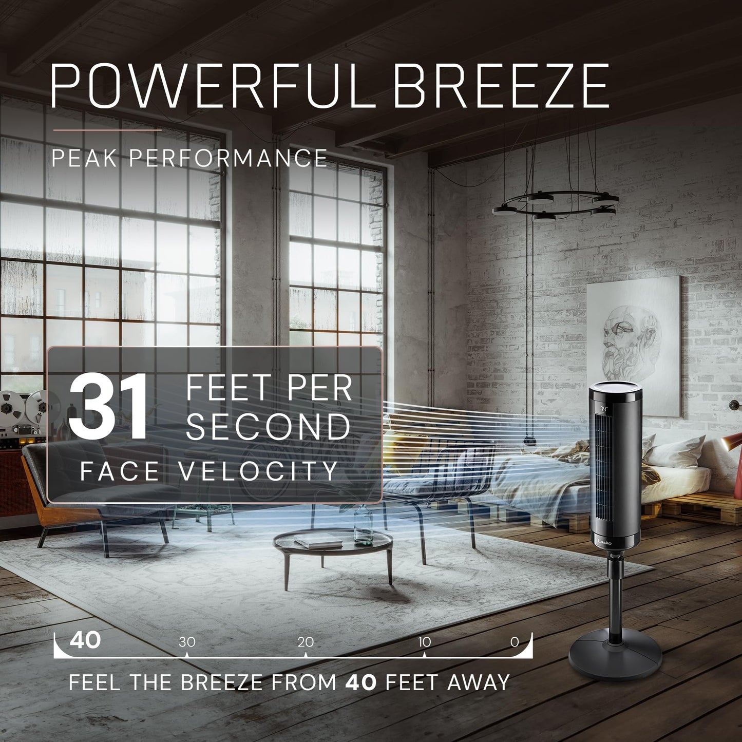 Lasko Elevation Tower Fan for Bedroom, Office, and Living Room - 42”-54” Adjustable Height Cooling with 31 ft/s Airflow and 90° Oscillation- Quiet 28 dB Operation - Remote Control - Black