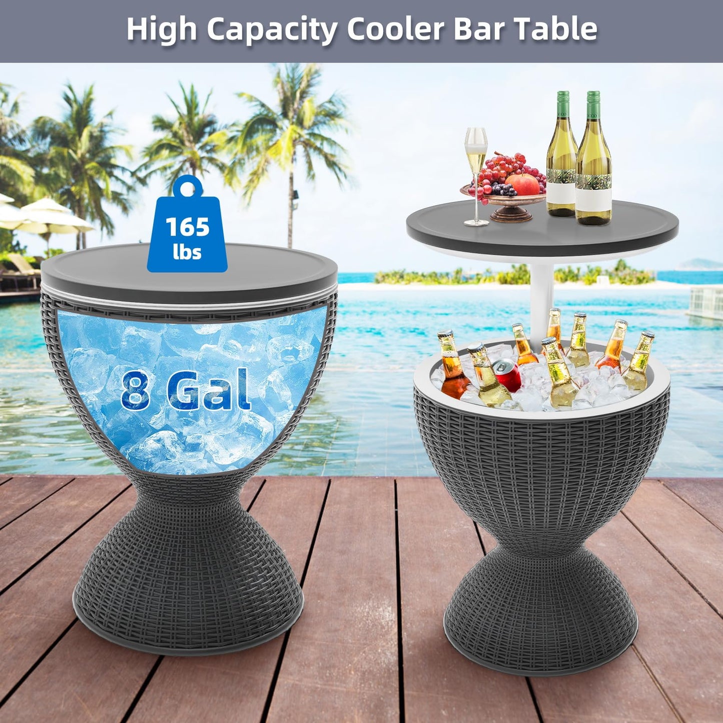 SHAREWIN Portable Outdoor Cooler Table, 8 Gallon Ice Cooler with Drainage Plug, Lift Top Lid 3-in-1 Rattan Style Patio Bar Side Table – Perfect for Parties