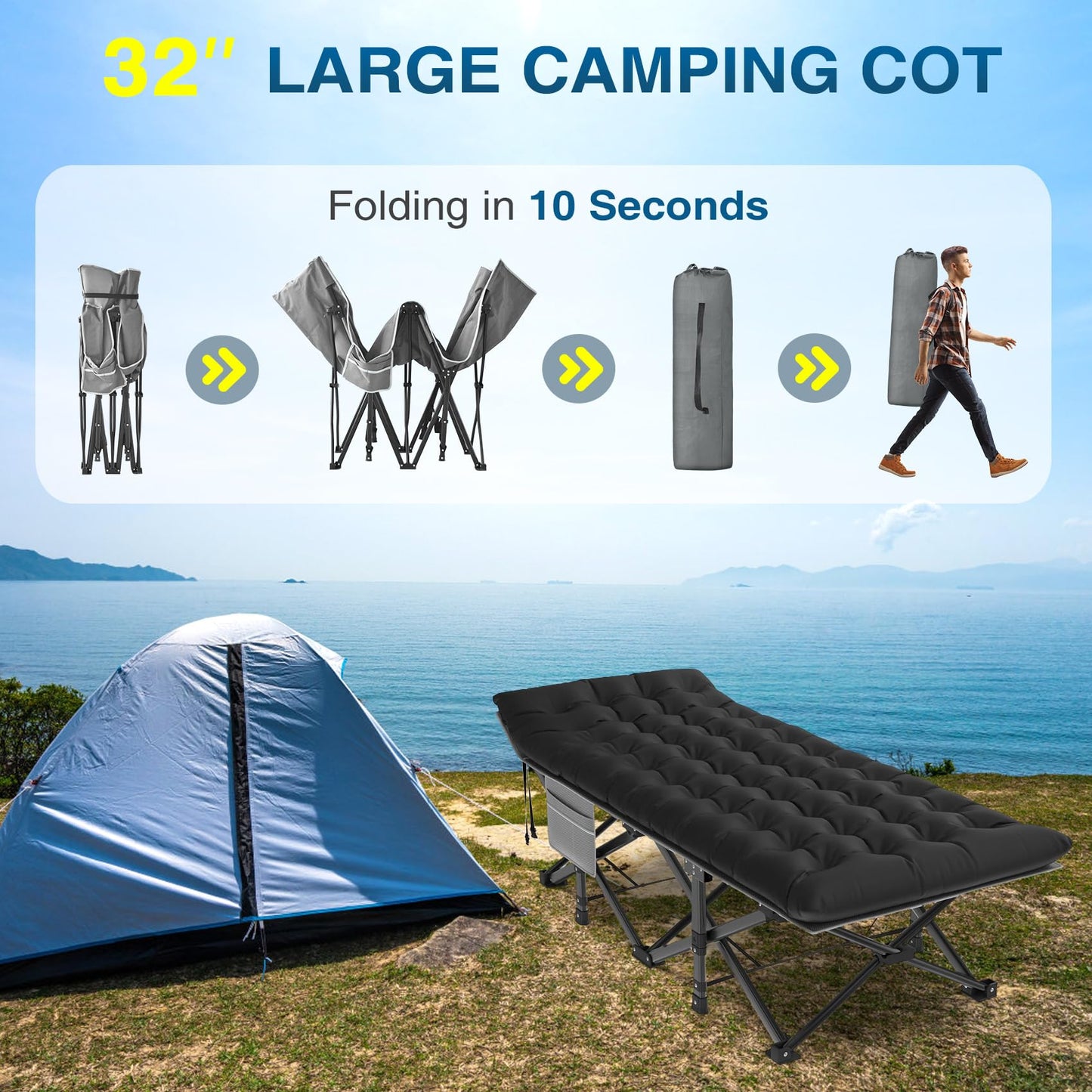ZENPETIO Oversized XXL Folding Camping Cot, Heavy Duty Sleeping Cot for Adults with Mattress and Pillow, Portable Cot Bed with Carry Bag for Outdoor Camp Travel Home Guest Office, 78x32x18