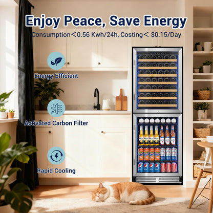 Tylza 24'' Wine and Beverage Refrigerator, Dual Zone Wine Fridge with 190 Cans and 90 Bottles, Upgraded Compressor, Low-E Tempered Glass, Safety Lock, 2 In 1 Beverage Fridge for Home or Commercial
