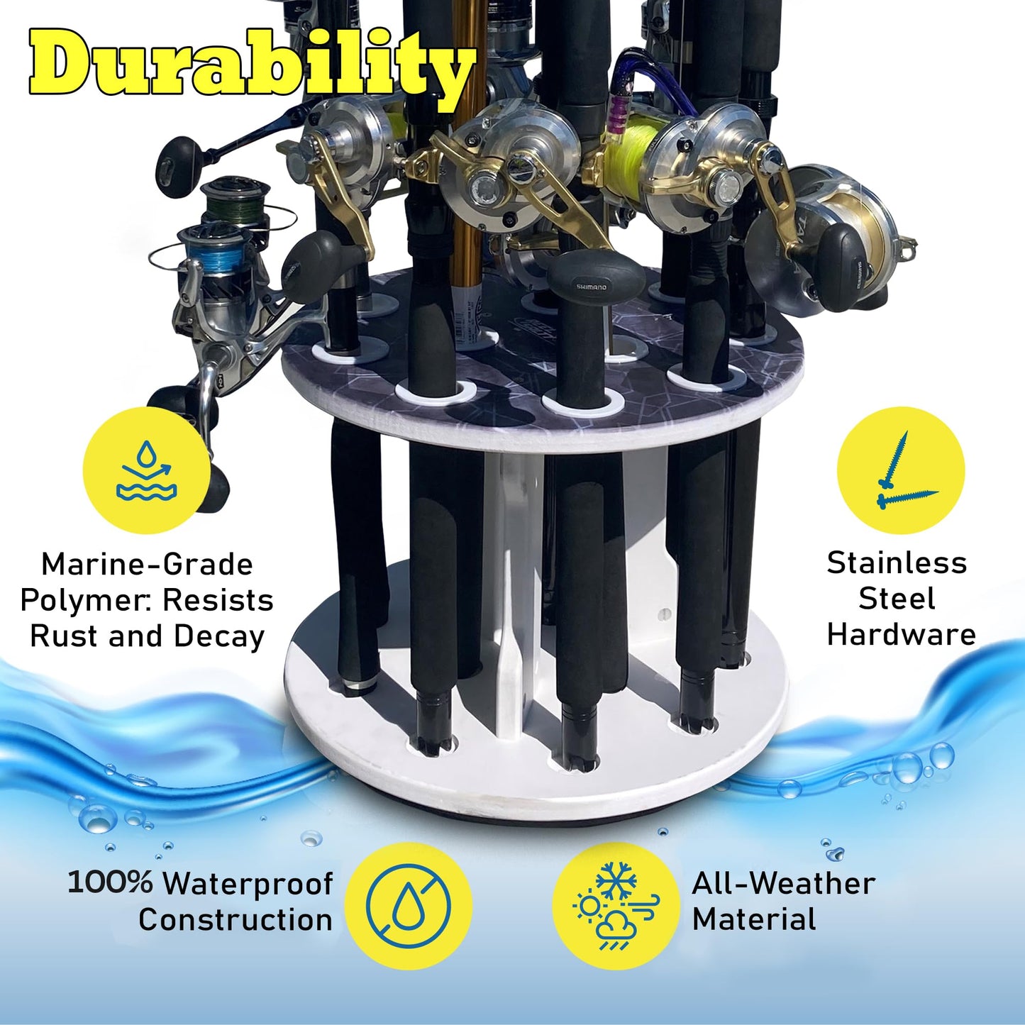 Rush Creek Creations 12-Rod Fishing Holder - 15.55” x 12.2" High Density Plastic Wood Board Waterproof Gray