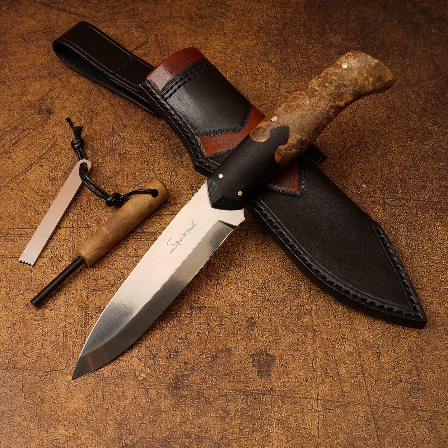SPIRIT DEED hand forged outdoor camping hunting knife with leather sheath and flint, Sandvik 14C28N steel blade, ergonomic white shadow wood handle