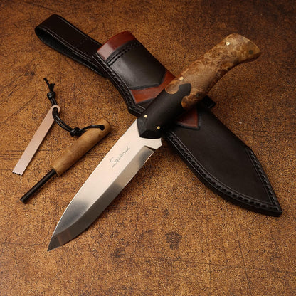 SPIRIT DEED hand forged outdoor camping hunting knife with leather sheath and flint, Sandvik 14C28N steel blade, ergonomic white shadow wood handle