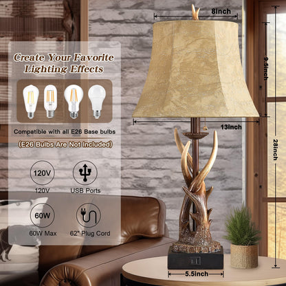 BOWOBO Antler Table Lamps Set of 2 with USB A+C Ports for Bedroom Farmhouse Deer Rustic Bedside Lamps with Faux Leather Bell Shade for Living Room End Table Hunting Themed Cabin Lamp Pull Chain