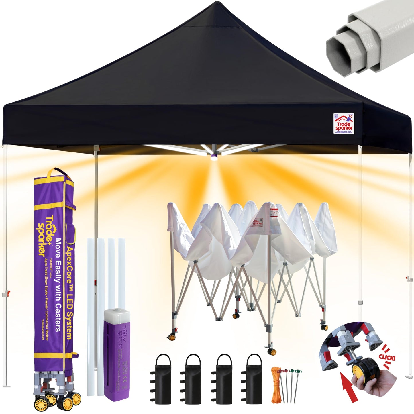 Tradesparker 8x8 Pop Up Canopy Tent,Commercial Movable Canopy with ApexCore LED&Rugged Casters-Instant Easy Setup Shelter Canopies with Weight Bags&Stakes for Outdoor Events Markets Vendors,Black