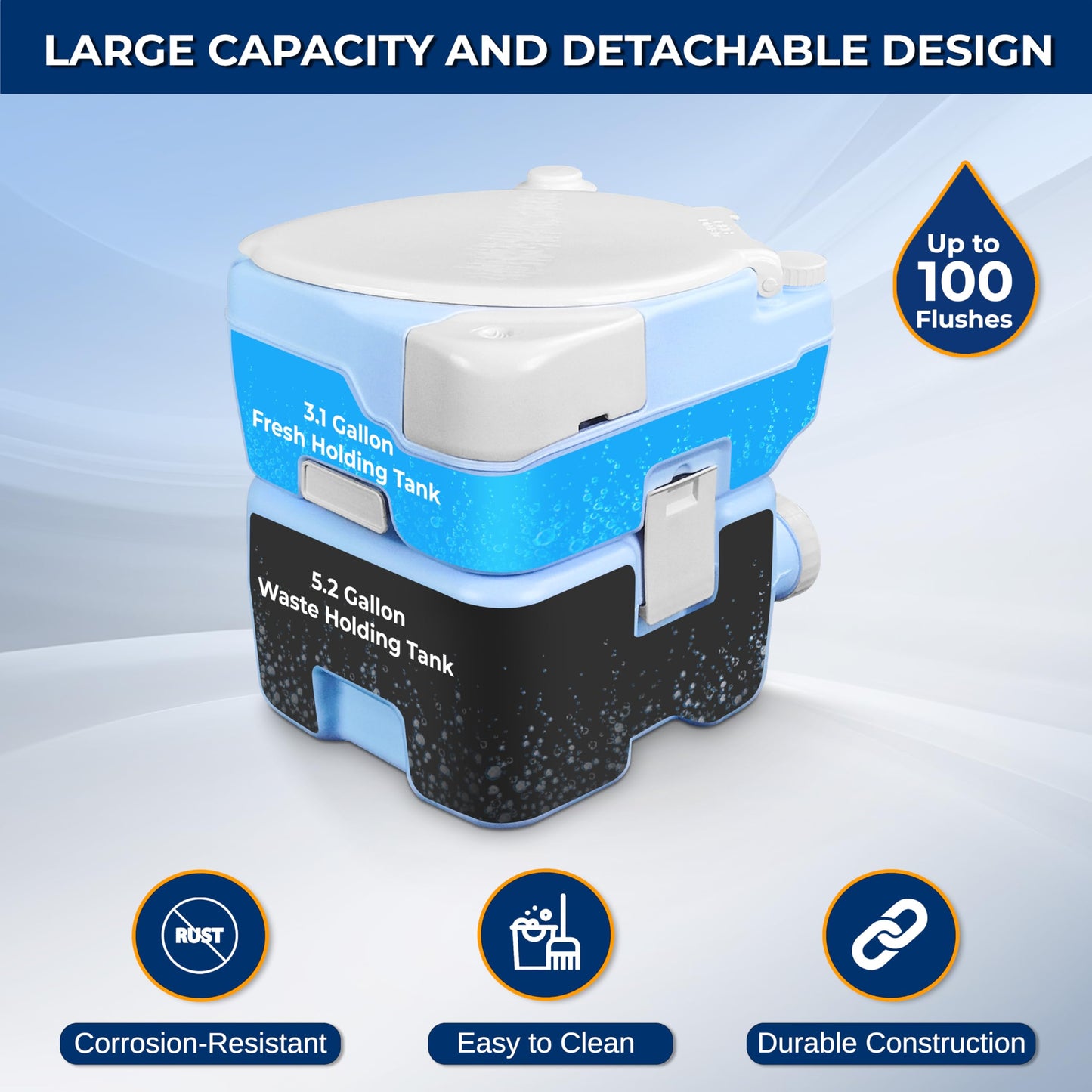 SereneLife 5.3 Gal Portable Camping Toilet For Adults, 100+ Flushes Porta Potty Camp Toilet with Phone Holder, Hand Sprayer, Extra Large Seat, Detachable Waste Tank, For Camping, Hiking, and Boating