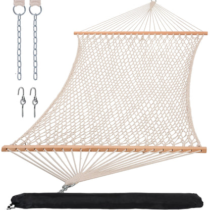 SUNCREAT Double Rope Hammock with Spreader Bar, Carrying Bag, 450 lbs Capacity, Two Person Hammock with Tree Hooks, Beige