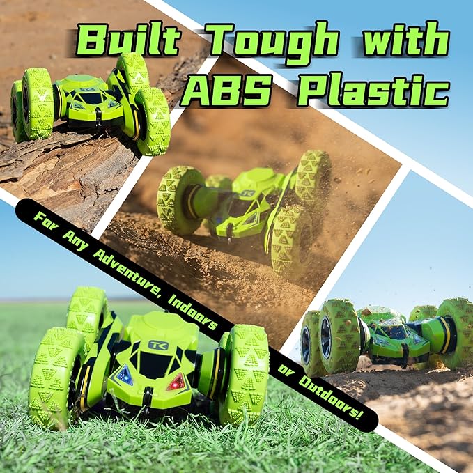 Threeking Remote Control Car RC Flip Stunt Double Sided Driving Cars Toys for Boys Girls Ages 6-12 4WD 360° Flips with Breathing Soft Lights Presents Gifts Green