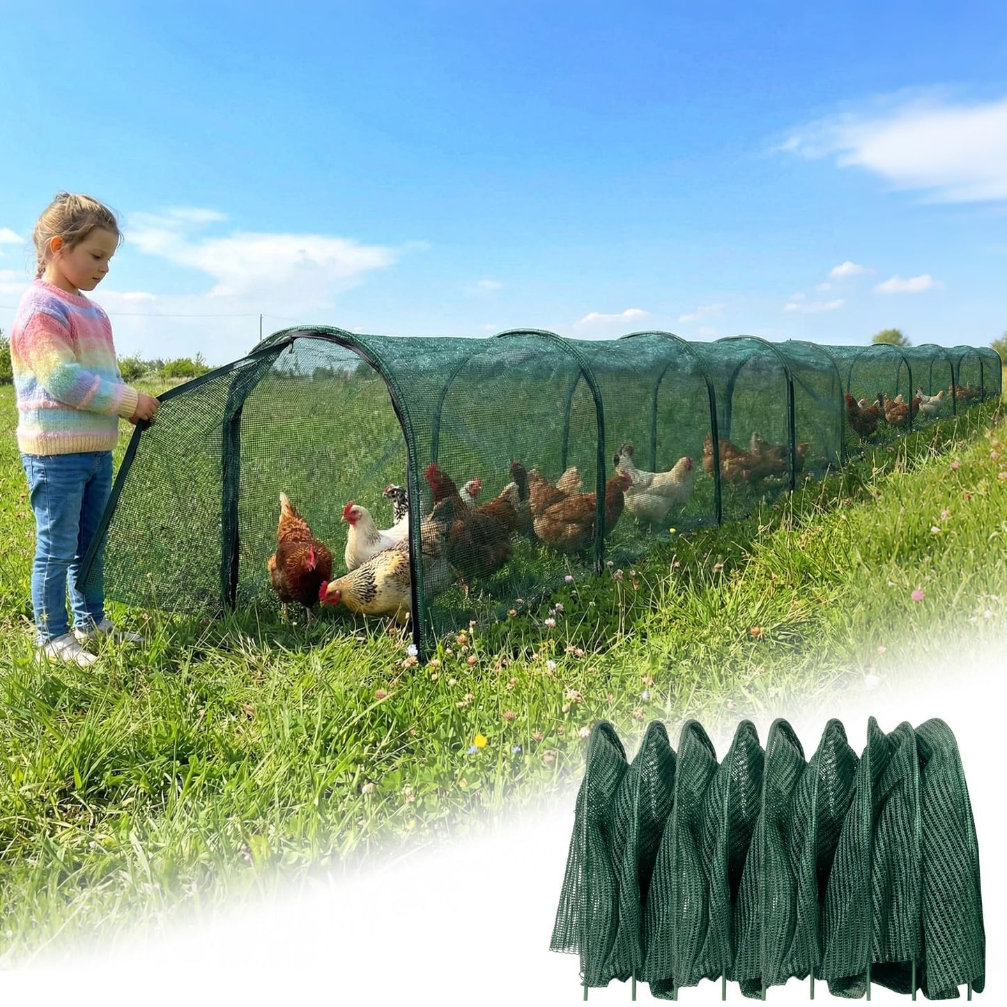 Chicken Runs for Yard,79" & 157" Extra Long Foldable Chicken Tunnels for Outside,All-in-One Kit with Sun Protection Net, Removable Door, Frame & Tools (Green, 315 * 21 * 32 inches)