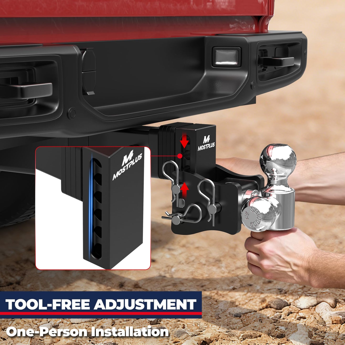 MOSTPLUS Trailer Hitch, 2.5 Inch Receiver, Tri-Ball Mount with 2" & 2-5/16" & 1-7/8" Balls, 5,000-20,000 LBS GTW, 4" Adjustable Height Heavy Duty Towing Hitch for Most Truck & SUV