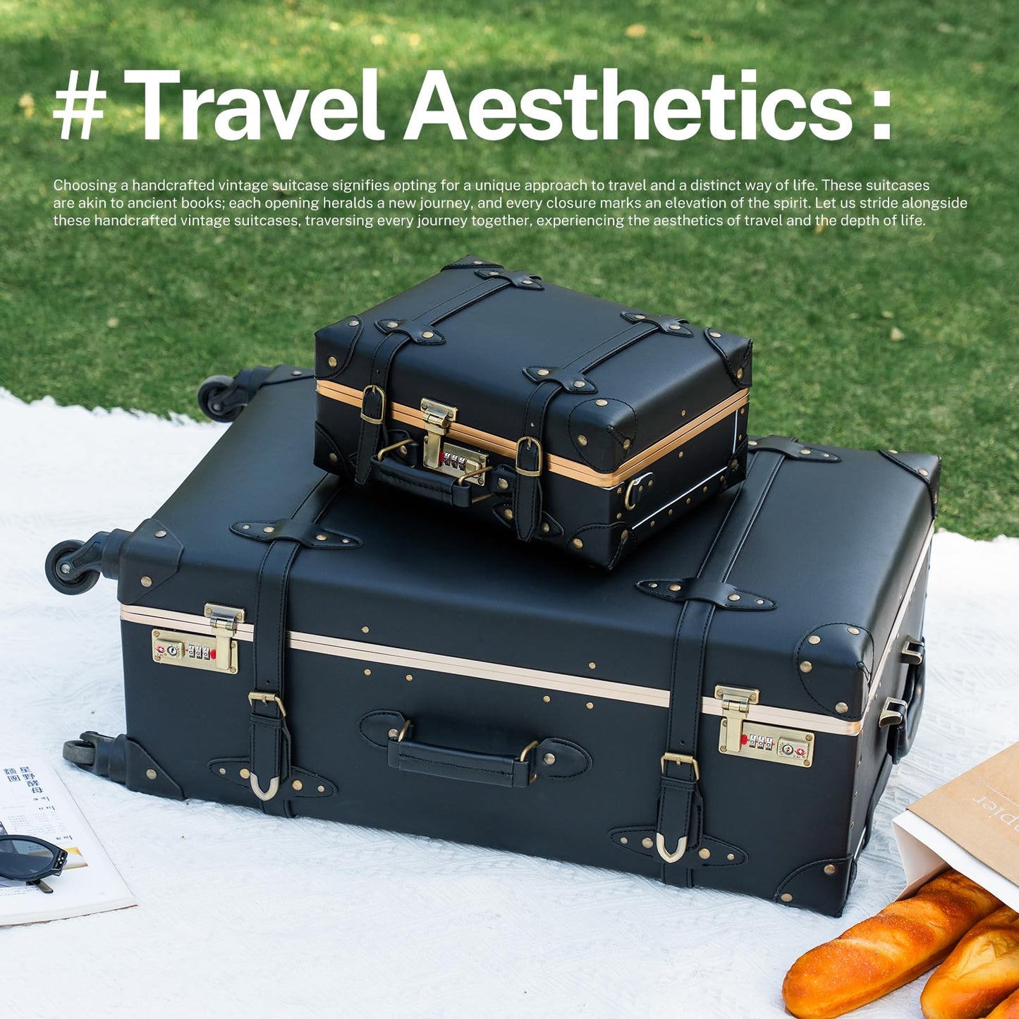 urecity Designer Vintage Trunk Combination Luggage Sets of 2 Piece, Hard Shell Retro Travel Suitcase with Wheels (Black, 20"+12")