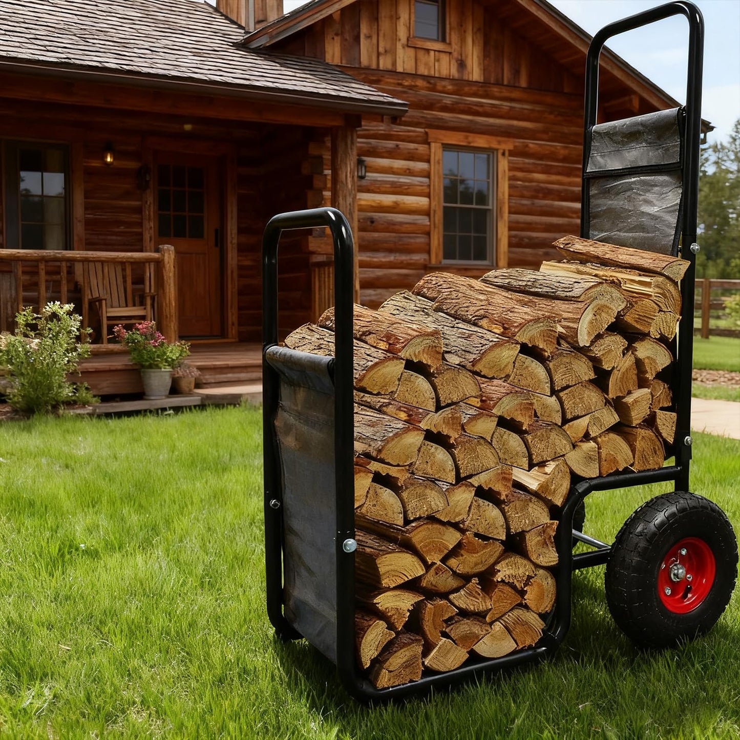KAIDIDA Firewood Cart with Wheels: 44 X 27 X 20 in Heavy Duty 260 lbs Load for Garden Backyard Fireplace Men Women Use