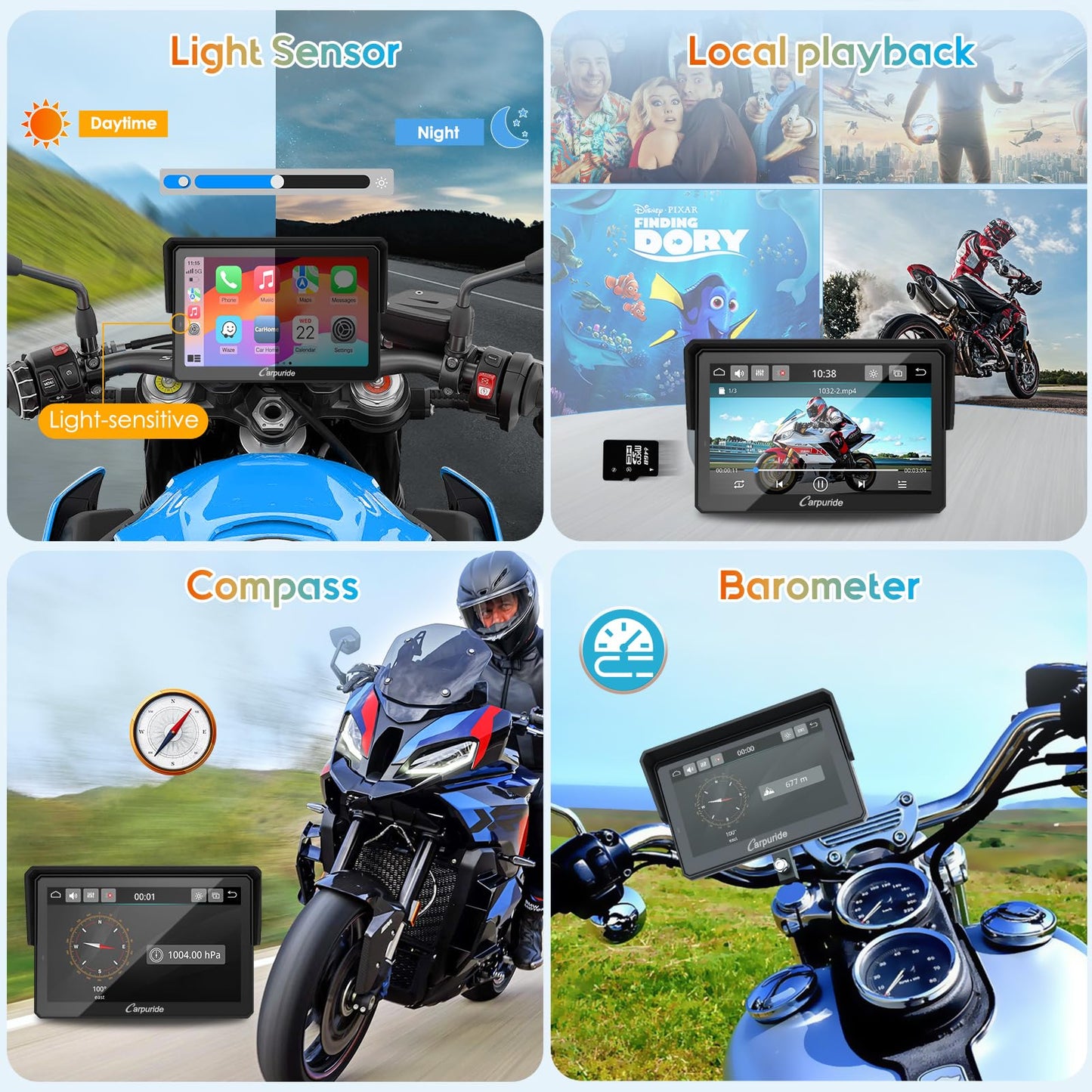 Carpuride W502PRO for Motorcycle CarPlay& Android Auto& Dual Bluetooth - 5" Waterproof GPS Navigation Screen for Motorbike, Music Sharing, Intercom, EQ, Light Sensor, Compass, Barometer