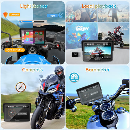 Carpuride W502PRO for Motorcycle CarPlay& Android Auto& Dual Bluetooth - 5" Waterproof GPS Navigation Screen for Motorbike, Music Sharing, Intercom, EQ, Light Sensor, Compass, Barometer