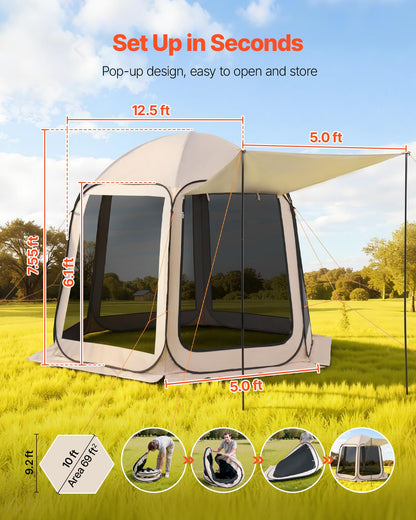 Pop Up Screen House Tent VEVOR 10 x 9.2 FT Pop-Up Screen Room with Awning, Portable Screen Tent Gazebo for 4–8 Person, Instant Screen Canopy with Carry Bag for Patio Backyard Camping