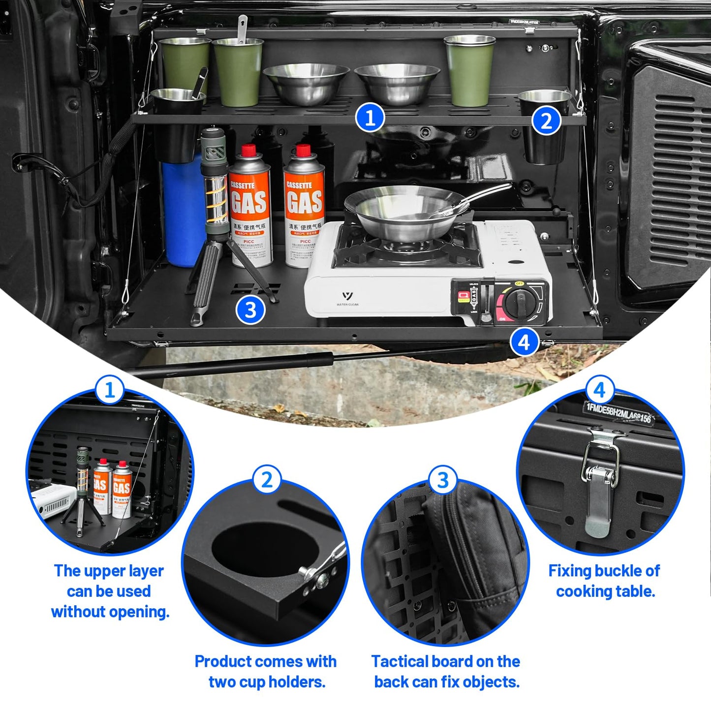 2-Tier Tailgate Table Molle Panel Compatible with Ford Bronco 2021-2025 Foldable Rear Storage Cargo Rack Shelf Camping Desk(Not Fit Bronco Sport)