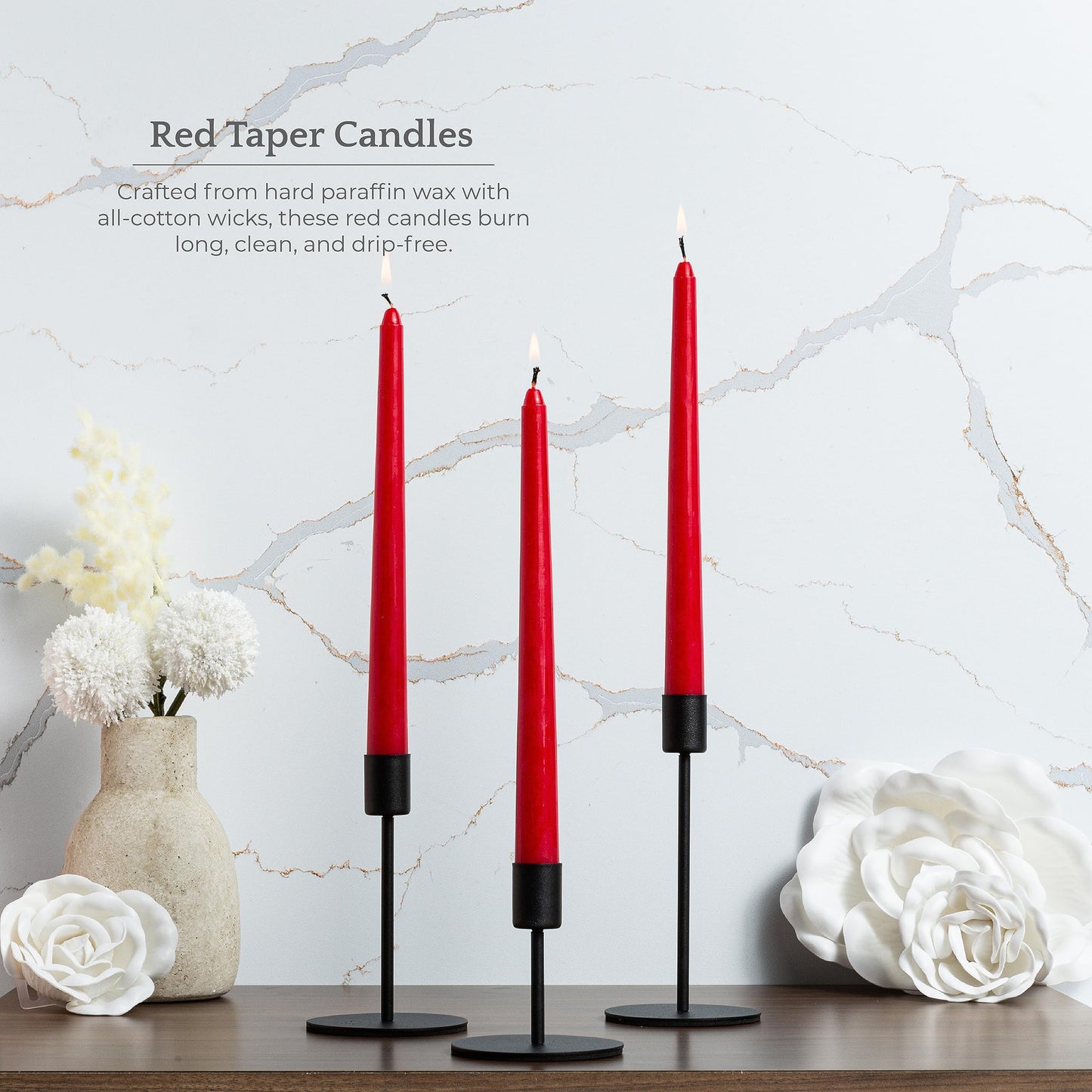 Bask 10-inch Taper Candles - Unscented and Dripless - Burns for 8 Hours - Home Decor for Dinner Table, Kitchen, and Bedroom - Perfect for a Romantic Date or Anniversary - 12-Pack - Red