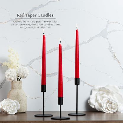 Bask 10-inch Taper Candles - Unscented and Dripless - Burns for 8 Hours - Home Decor for Dinner Table, Kitchen, and Bedroom - Perfect for a Romantic Date or Anniversary - 12-Pack - Red
