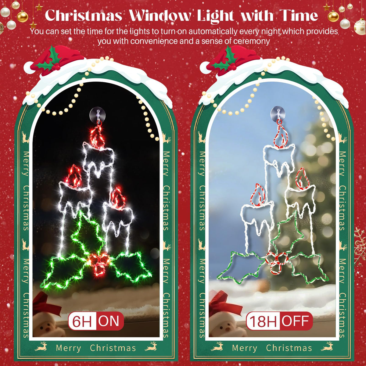 Enhon Christmas Window Silhouette Light, Battery Operated, 8 Modes, Timer, 15.8in, White/Red/Green, Model SO-Enhon-2398