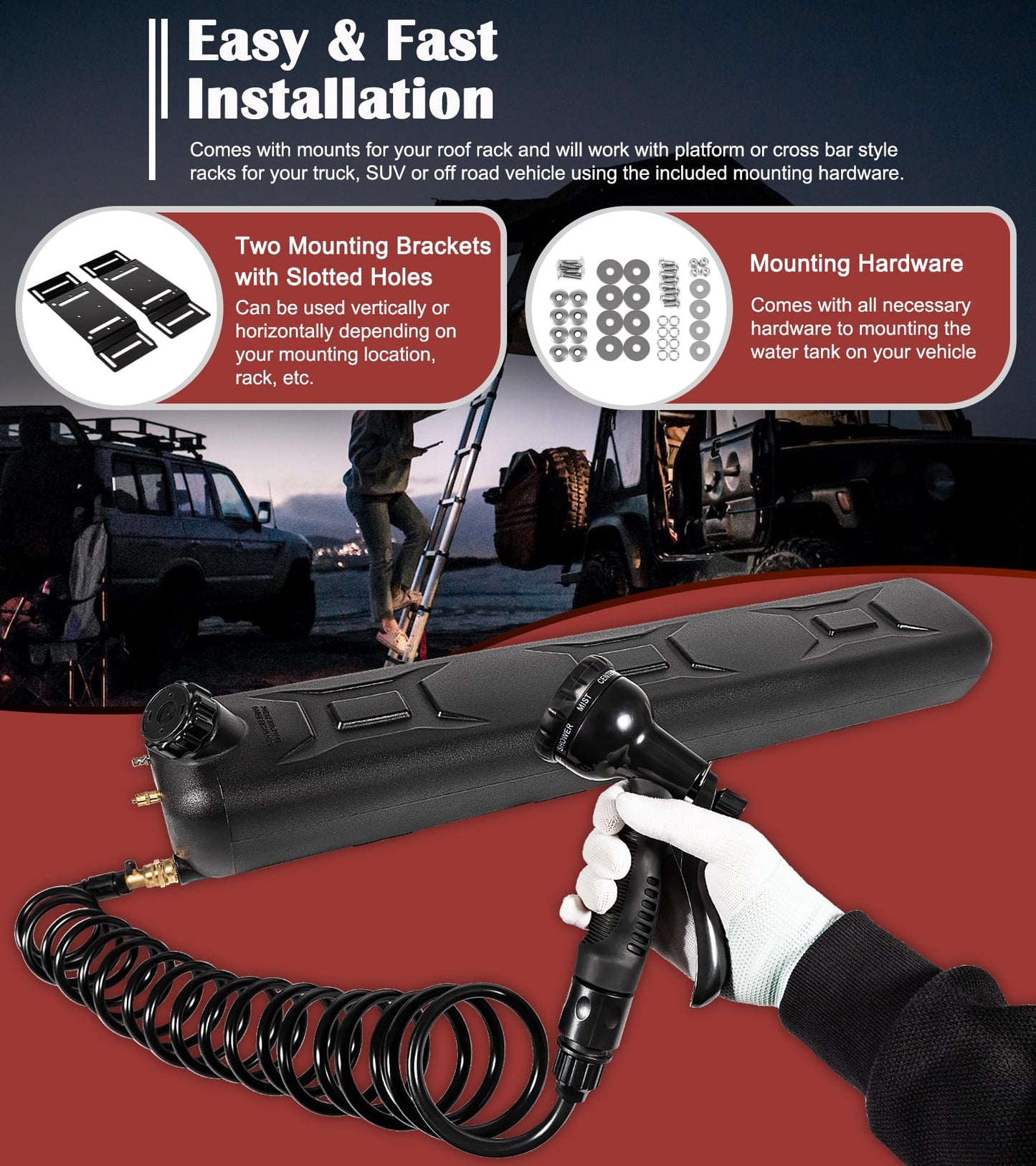 Portable 8-Gallon Pressurized Water Tank for Camping Showers, Roof-Rack Shower, Overlanding, Water Storage & Outdoor Activities Water Supply - Roof Rack Mount for Trucks & Off Road Vehicles