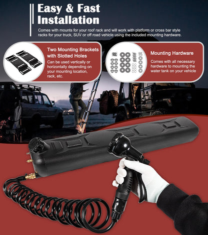 Portable 8-Gallon Pressurized Water Tank for Camping Showers, Roof-Rack Shower, Overlanding, Water Storage & Outdoor Activities Water Supply - Roof Rack Mount for Trucks & Off Road Vehicles