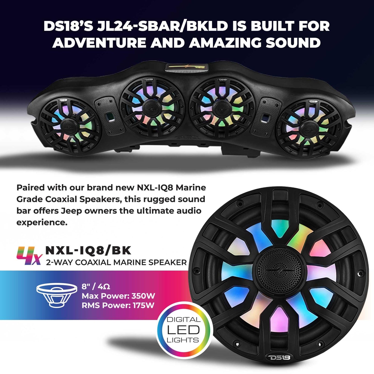 DS18 JL24-SBAR/BKLD Overhead Sound Bar System with 4X 8 Marine Speakers with Digital Dream LED Lights, Compatible with Jeep Wrangler/Gladiator JL/JLU/JT 2024 to Present, OEM Fit