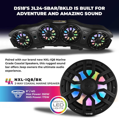 DS18 JL24-SBAR/BKLD Overhead Sound Bar System with 4X 8 Marine Speakers with Digital Dream LED Lights, Compatible with Jeep Wrangler/Gladiator JL/JLU/JT 2024 to Present, OEM Fit