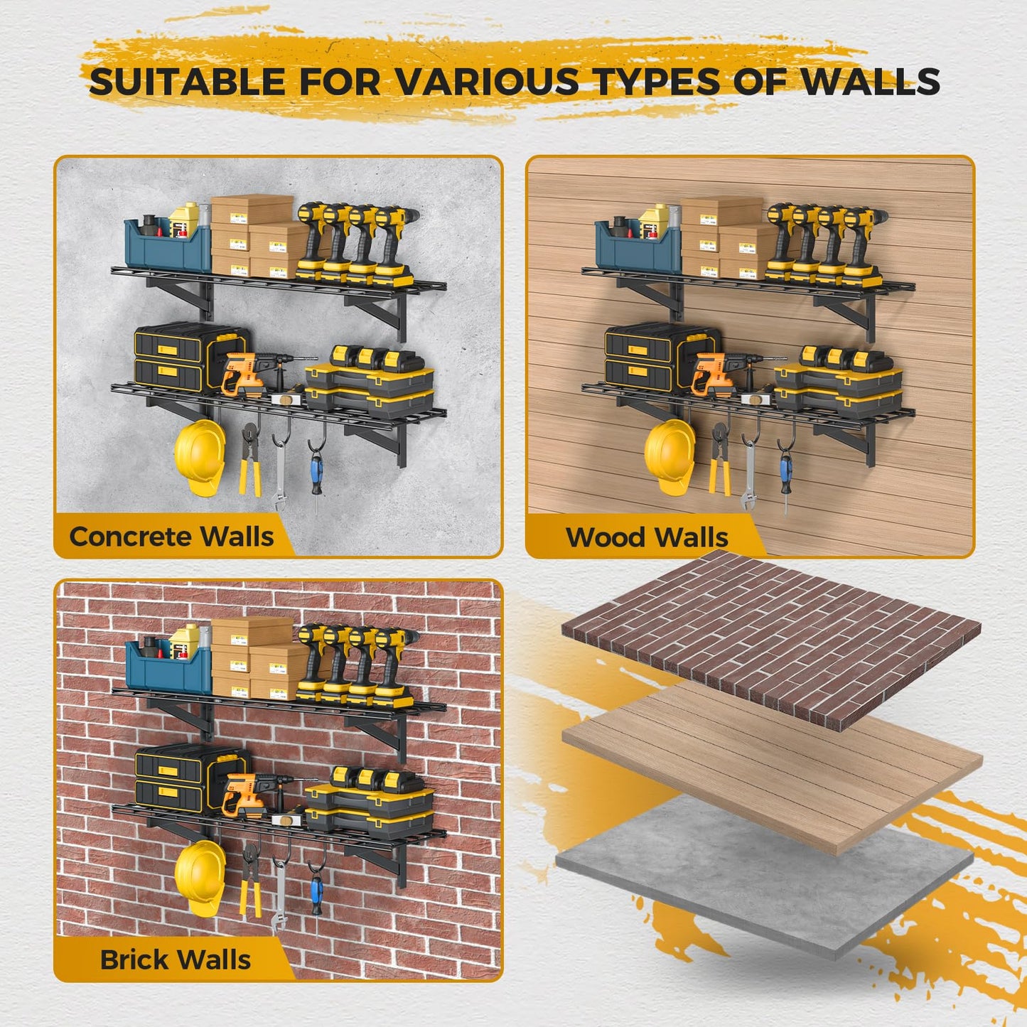 Jusgym 4 Pack Heavy Duty Garage Wall Shelving Set (1.5x4ft), Wall Mounted Garage Shelves 1400lbs Capacity, 2 Pack Garage Shelving Wall Mount (1x4ft), Tool Organizer with 4 Hooks, 700 lbs Capacity