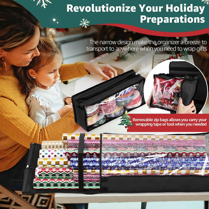 Woodoulogy Wrapping Paper Organizer - Double-Sided Gift Wrap Roll Holder | 63"x13" Over Door Storage - Black