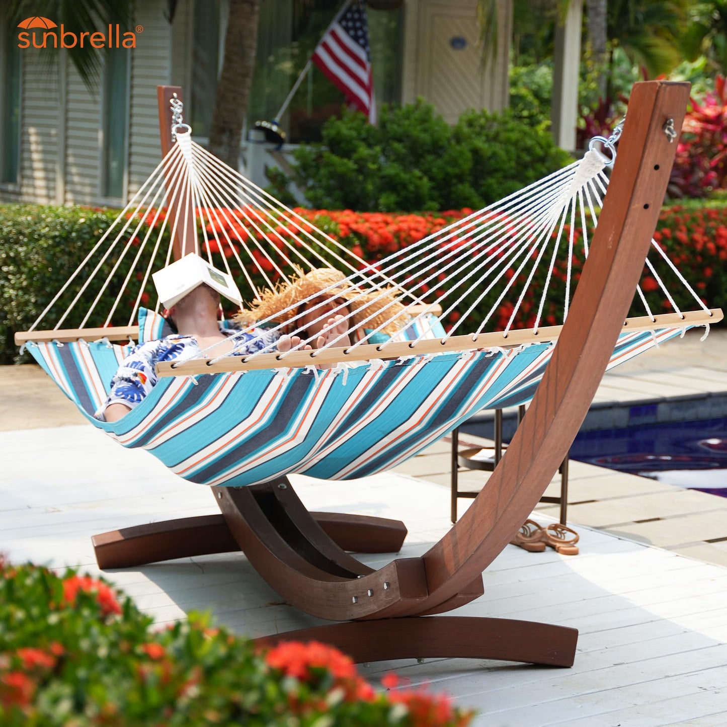 Lazy Daze Hammocks 12 FT Sunbrella Fabric Hammock Non-Fading with Spreader Bars and Free Pillow Fits for 2 Persons, All Weather and Fade Resistant for Patio Yard, 450 lbs Capacity, Token Surfside
