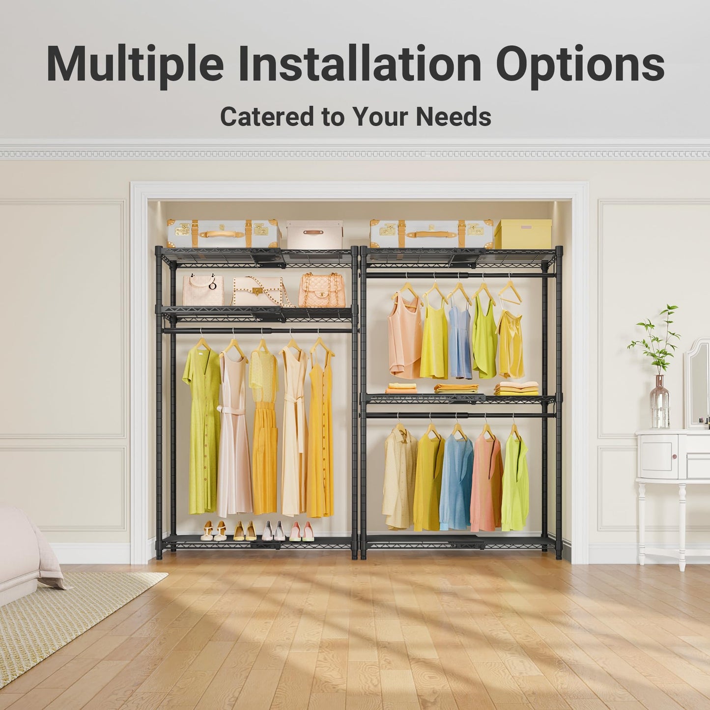 VIPEK X1 Expandable Clothes Rack Heavy Duty Adjustable from 2' to 3'5" with Adjustable Shelves and Hanger Rods, Reach-in & Walk-in Closets Metal Garment Racks Portable Closet, Black