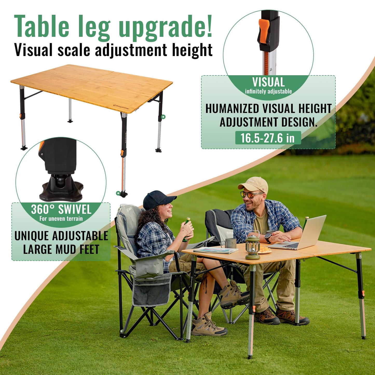KingCamp Bamboo Folding Table, 2-Fold Camping Adjustable Height Portable Outdoor Lightweight & Compact Table with Aluminum Frame for RV Picnic BBQ