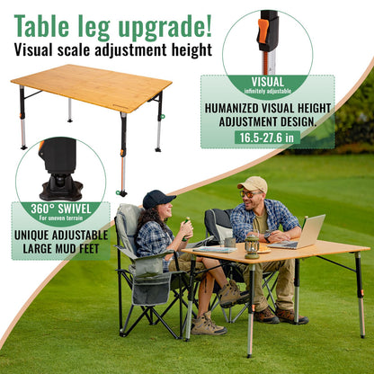KingCamp Bamboo Folding Table, 2-Fold Camping Adjustable Height Portable Outdoor Lightweight & Compact Table with Aluminum Frame for RV Picnic BBQ
