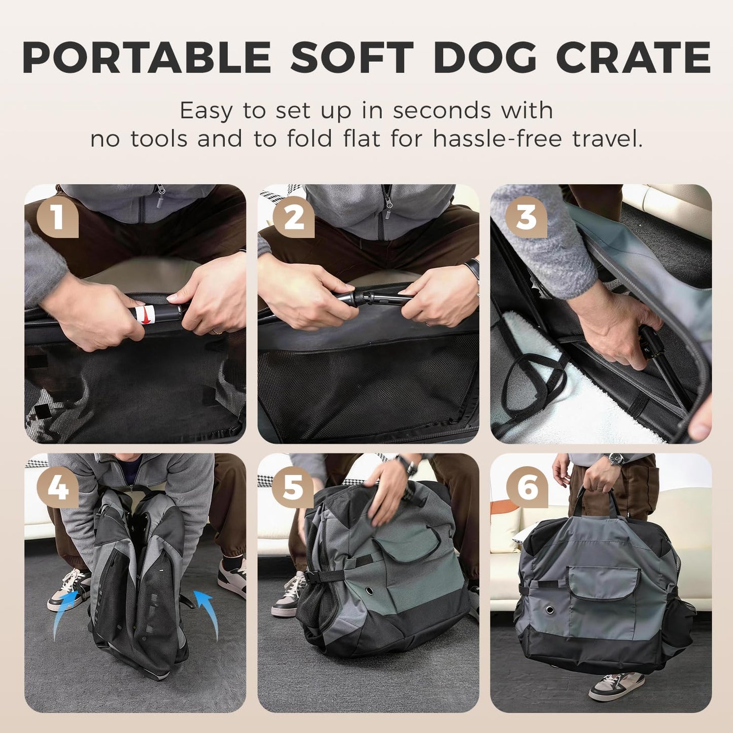 PETSEE 36 Inch Soft Collapsible Crate for Large Dogs, 4-Door Portable Foldable Soft Kennel with Chew Proof Mesh Windows for Indoor & Outdoor Travel Grey