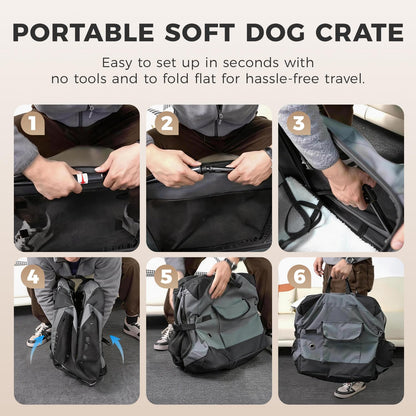 PETSEE 36 Inch Soft Collapsible Crate for Large Dogs, 4-Door Portable Foldable Soft Kennel with Chew Proof Mesh Windows for Indoor & Outdoor Travel Grey
