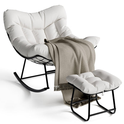 GarveeLife Outdoor Oversized Papasan Rocking Chair with Footrest, Patio Lounge Chair with Ottoman and Sturdy Metal Frame, Patio Egg Rocker for Balcony Backyard Porch Bedroom, White