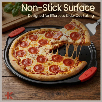 Bakken Pizza Baking Pan - Round Perforated Carbon Steel Pan with Non-Stick Marble Coating, Oversized Silicone Handle, Dishwasher Safe, High-Temperature Resistant, Durable & Easy Cleanup Black, 1 Pack
