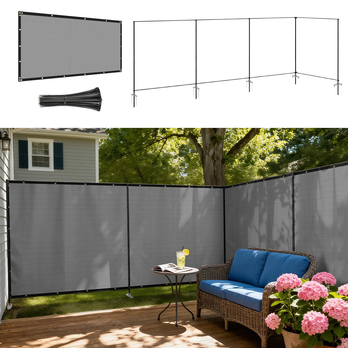 Windscreen4less Outdoor Privacy Fence Screen, 5'x24' Freestanding Privacy Fencing Set with Iron Poles and Ground Spikes, UV Resistant Mesh Cover Garden Pet Fencing for Backyard Patio Pool, Light Gray