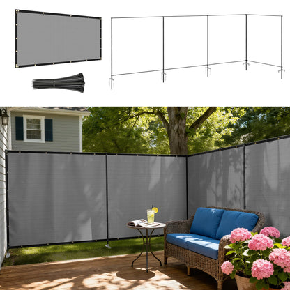 Windscreen4less Outdoor Privacy Fence Screen, 5'x24' Freestanding Privacy Fencing Set with Iron Poles and Ground Spikes, UV Resistant Mesh Cover Garden Pet Fencing for Backyard Patio Pool, Light Gray