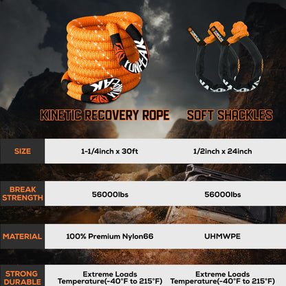 YUNPEAK 1.26" x 30ft Heavy-Duty Kinetic Recovery Rope – 56,000lbs Break Strength – Includes 2 Ultra-Strong UHMWPE Soft Shackles – Ideal for Trucks, SUVs, Jeeps, UTVs, ATVs & Tractors (Orange)
