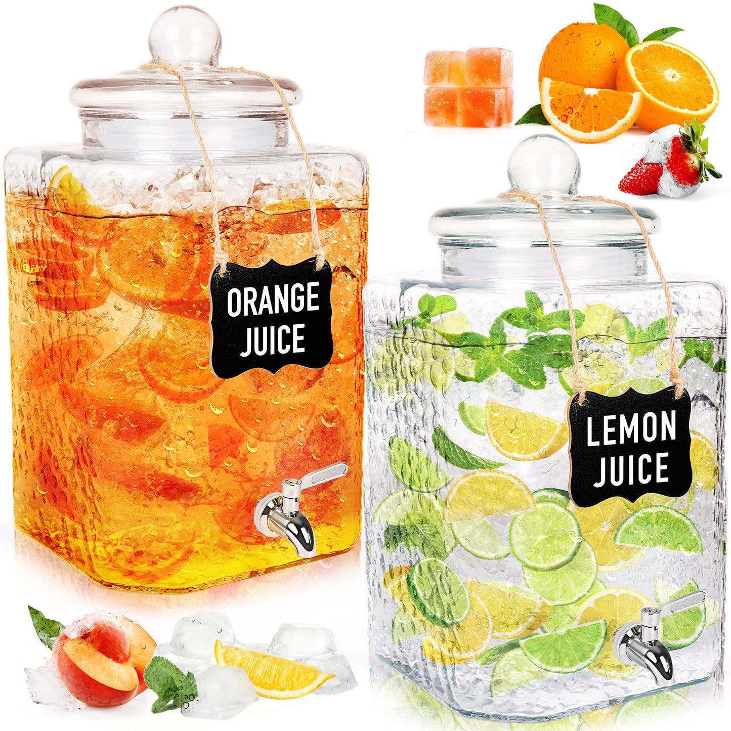 FULJOOY 2 Pack 4.6 Gallon Glass Water Dispenser with Lids Stainless Steel Spigot Hammered Clear Drink Beverage Dispenser Water Jug Container for Lemonade Water Juice Iced Tea Party Wedding Kitchen