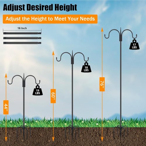 Feed Garden Adjustable Double Shepherd's Hook - 76 Inch Heavy Duty Bird Feeder Pole | 5 Prong Base for Hanging Plants & Lanterns (2 Pack)