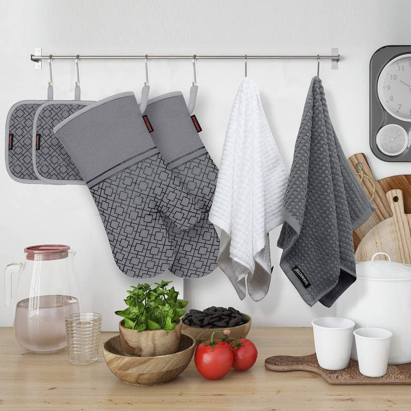 Oven Mitts and Pot Holders Sets 6pcs, Kitchen Oven Glove,High Heat Resistant 550 Degree Extra Long Oven Mitts and Potholders with Non-Slip Silicone Surface for Home Essentials (Grey) (Gray)