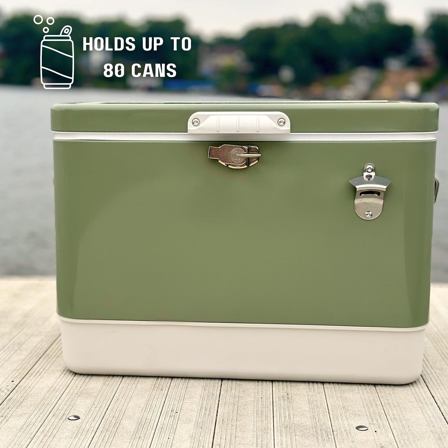 FSE Hard-Sided 54 Qt Metal Cooler, 80 Can Vintage Ice Chest, Durable Two-Tone Design with Latch Lid, Built-in Bottle Opener, Plastic Liner & Side Handles, Green/Cream