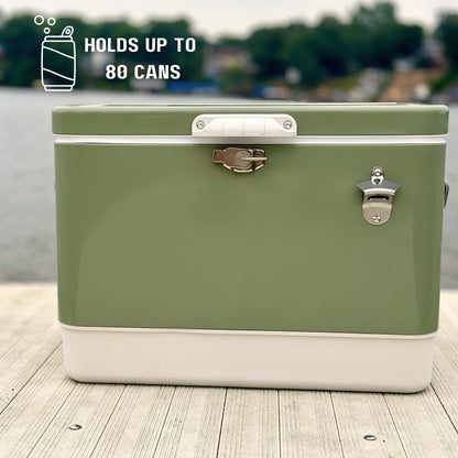 FSE Hard-Sided 54 Qt Metal Cooler, 80 Can Vintage Ice Chest, Durable Two-Tone Design with Latch Lid, Built-in Bottle Opener, Plastic Liner & Side Handles, Green/Cream