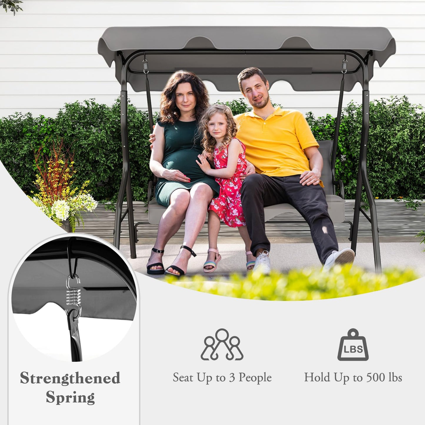 HAPPYGRILL 3-Person Patio Swing Chair, Outdoor Swing Glider with Adjustable Canopy and Removable Cushion, Porch Swing with Stand for Garden and Backyard, (Grey)